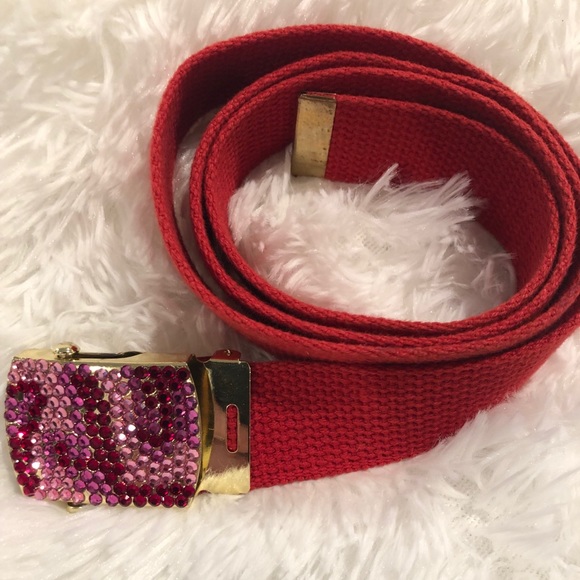 Full Moons Accessories - Multi color rhinestone buckle on red belt